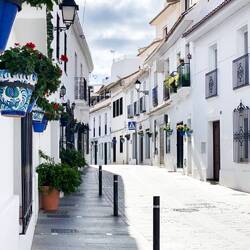 The white-washed buildings and blue flower pots ... charming — Mijas, Spain.