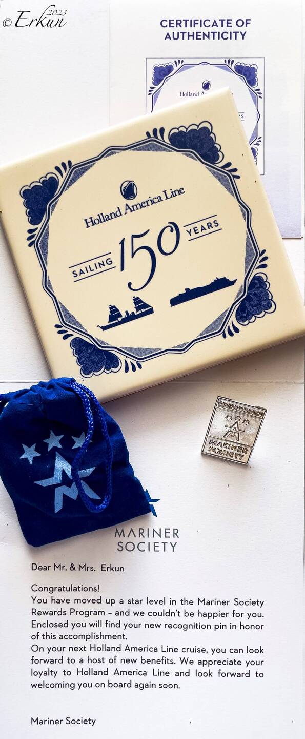 In addition to receiving our 3-Star Mariner loyalty pins today, we received Delft tile coasters.