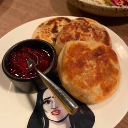 Blue cheese paratha with cherry compote