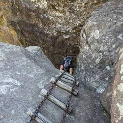 One of several steep and loose chain ladders