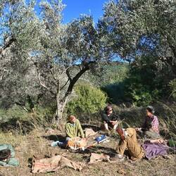 Pause mit Essen, Rauchen und Erzählen