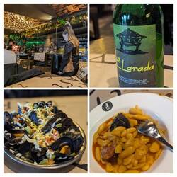 Our amazing meal of Sidre, Fabada, and Mejillones a la Vinagreta