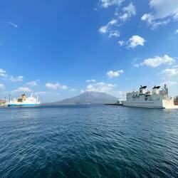 A view from the harbour to Sakurajima (active volcano)