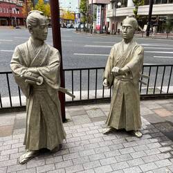 Samurai statues at a bus station in Kagoshima city