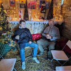 In the warming hut with a coffee