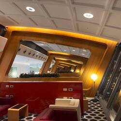 The interior decor of the Qantas First Lounge.