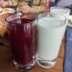 We also tried new drinks: spicy turnip juice and local unsweetened yoghurt drink