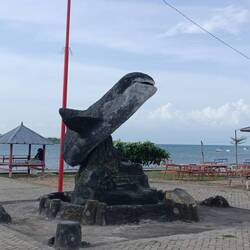 A whale shark (?) monument at a view and rest area.