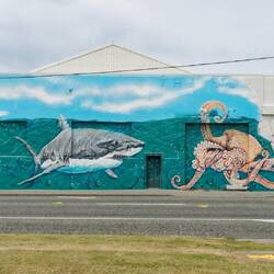 One of the buildings with a mural