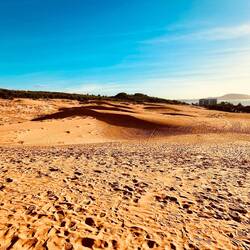 Von den roten Dünen einen tollen Blick aufs Meer und fühlt sich gleichzeit wie in der Sahara