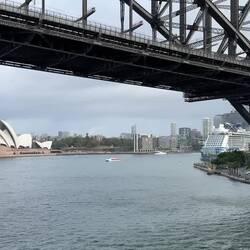 Under the bridge we go ... Celebrity Edge docked in Circular Quay ... it can't fit under the bridge
