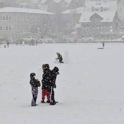 The kid in front is holding his cat (on a leash). The guy in back is building a snowman!