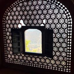 Blick auf das Amber Fort durch das Fenster