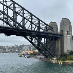 Backing up under the Harbour Bridge with Luna Park in the background