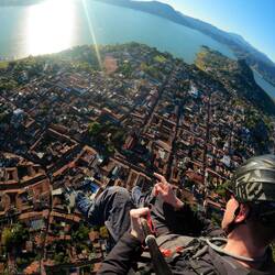 Pointing to the church near our B&B