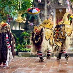 The fight between Rangda (left) and Barong — Bali, Indonesia.