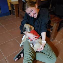 Cuddling with the puppy of the hostel