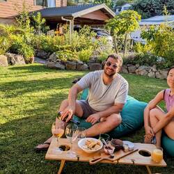 Wine and cheese picnic on Amin and Cil's front lawn