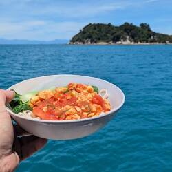 Chinese flag (egg and tomato) on noodles for lunch