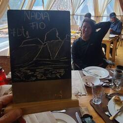 Our board & Nadia behind it.