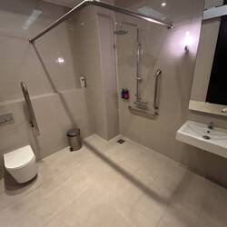 Very large bathroom and shower in Business Class lounge at Singapore airport.