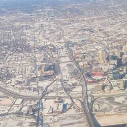 Flying over downtown.