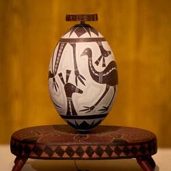 "Emu Dreaming" (carved on an emu egg) by B. Roberts ... AGSA — Adelaide, SA.