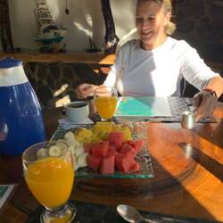 A plate of fruit was the first course for breakfast.