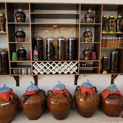 Wall of rice wines (spirit) at lunch stop