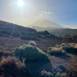 Mondlandschaft mit Teide und untergehender Sonne im Gegenlicht