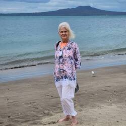 Cathy in front of Rangitoto inactive volcano