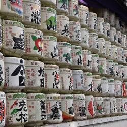 Eine riesige Sammlung von Sake-Fässern am Schrein...