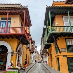 The typical colorful colonial buildings with wooden balconies