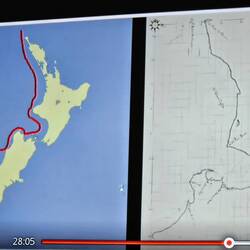 His map on New Zealand. Note he drew it as one island.