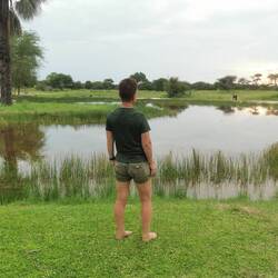 Blick auf das Wasserloch (mit Gnu)