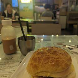 Pineapple bun with spam and milk tea