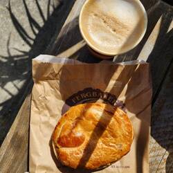 Tried beef and cheese pie and flat white