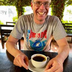 Happy Michael drinking lovely coffee