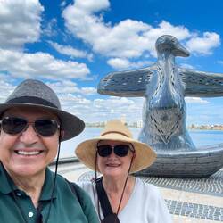 "First Contact" by L. Nannup ... represents the arrival of Europeans in Perth, WA.