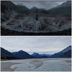 Isengard, erkennbar an der Bergkette.