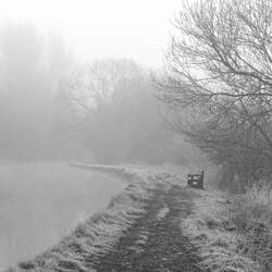 Deserted towpath in a frosty fog