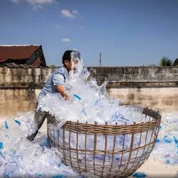 Freiwilliger sortiert in Rayong/Golf von Siam Plastiktüten - Foto: A.Malerba/Bloomberg/GettyImag.