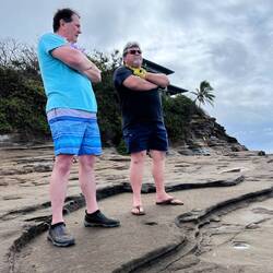 Talking about dad before tossing our lei into the sea