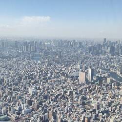 Ein kleiner Teil Tokios und schemenhaft im Hintergrund: Mount Fuji