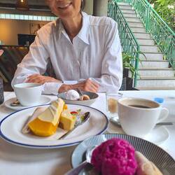 Pumpkin pudding and coconut and dragonfruit ice cream