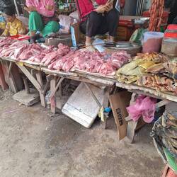 Meat is sold by noon; sellers are using fans or mounted fans to keep flies away