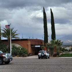 Main registration building, you can see mountains behind