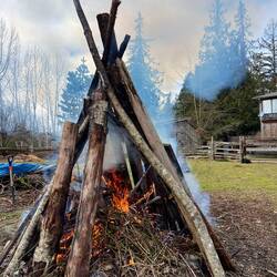 Matheos Lagerfeuervariante - so kann das große nasse Holz trocknen und hält die Wärme wie im Ofen