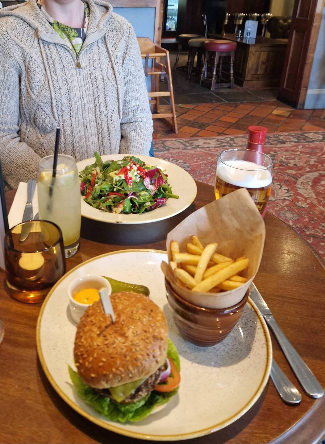 Grains and Greens Salad and a butternut and chick pea burger at The Cheshire Cat