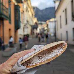 Delicious streetfood: obleas, arepas, empanadas, tamales, salpicón, ...